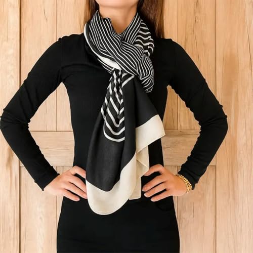stylesilove Women Girls Elegant Striped Print Oblong Cotton Linen Scarf Lightweight Autumn Wrap Shawl3