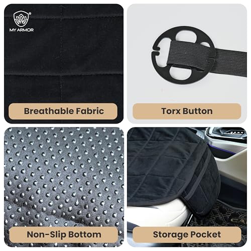 Image of MYARMOR Car Seat Cover | Ultra-Soft Quilted Foam Cushion with Non-Slip Grip & Storage Pouch | Universal Fit Rear Car Seat Protector | Extra Large 50 x 20 Inches | Black Velvet | 1 Pc