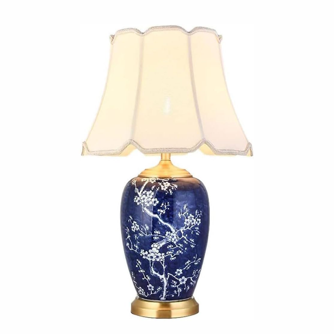 LLXTJJY Modern Chinese Desktop Light Table Lamp All Copper Ceramics Bedroom Bedside Lamp Fabric Lampshade Desk Lamp