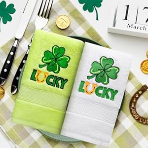 2 Pack St Patricks Day Hand Towels, 14'' x 29'' Cotton Embroidered Green Shamrock Decorative Towels, Soft & Absorbent for Bathroom, and Kitchen Holiday Decor 2 Pack St Patricks Day Hand Towels 14 x 29 Cotton Embroidered Green Shamrock Decorative Towels Soft Absorbent for Bathroom and Kitchen Holiday Decor