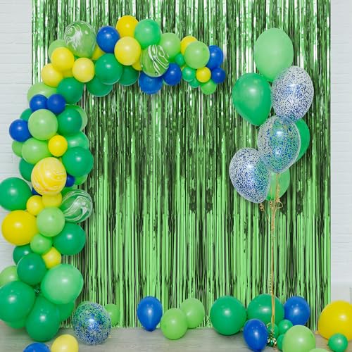 Image of Crosize 4 Pack 3.3 x 9.9 ft Green Foil Fringe Curtains, Tinsel Curtain Backdrop for Parties, Door Streamers for Birthday Dinosaur Animal St Patrick's Day Football Christmas Party Decorations