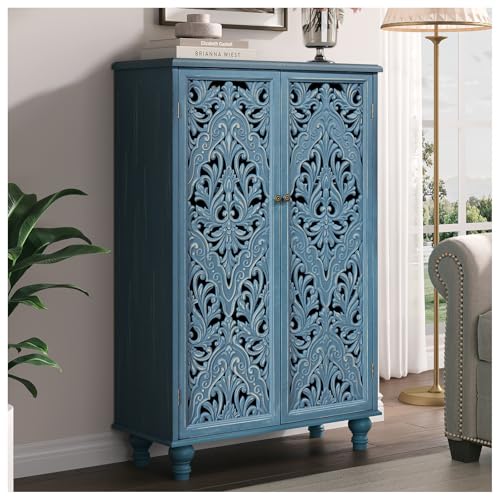 Image of Tall Accent Cabinet with Doors, 47 inch Decorative Storage Cabinet with Solid Wood Legs, Farmhouse Sideboard Buffet for Living Room, Entryway, Blue