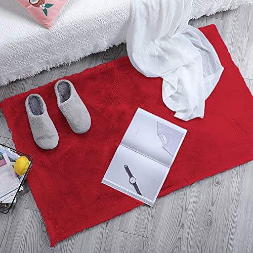 Image of Luxe Home Rabbit Fur Soild Bath Mat Super Soft, Anti-Slip, Washable, Rectangle, for Bathroom Door Mate, Bedroom Door Mats (Maroon, 45x75 cm)