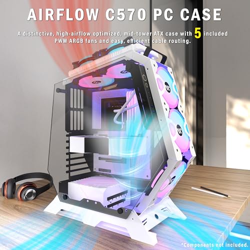 Image of KEDIERS PC Case C570 ATX Mid Tower Tempered Glass Gaming Computer Open Frame Case with 5 PWM ARGB Fans (White C570)
