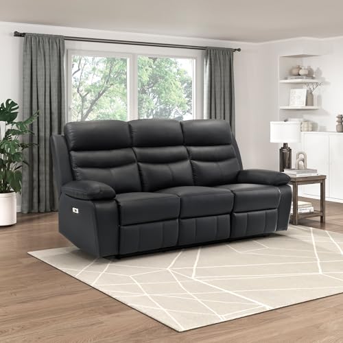 Image of Lexicon Recliner Sofa for Living Room, Double Reclining RV Couch, Power Wall Hugger Recliner Home Theater Seating Leather Match Reclining Sofa, with USB Charge Port, 86.5''W Sofa, Black