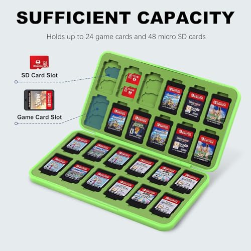 Image of FYY Nintendo Switch Game Case Holder for Switch 2 Cartridge Case with 24 Game Card Slots & 48 Micro SD Card Slots, Hard Shell, Silicone Lining Green