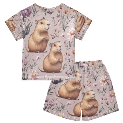 Pajama Sets Short Sleeve Floral Guinea Pigs Background Soft Cotton Summer Sleepwear 2 Piece PJS Size 5-14T2