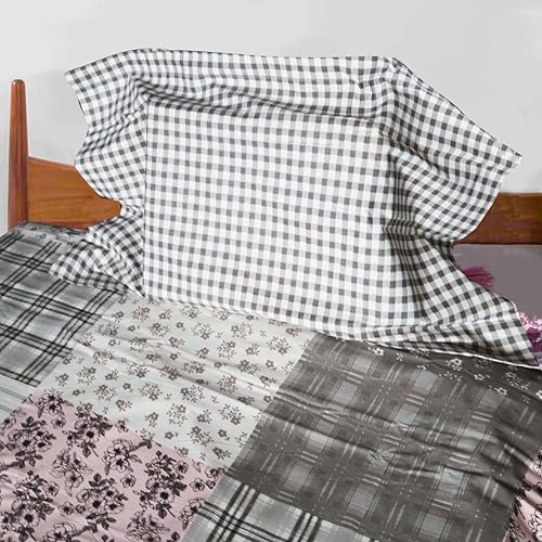 Image of Pure Source India Pure Cotton Elegance Bedding Set, Dreamy Cotton Comfort Double Bed Sheet with Pillow Covers (Black Check Pink Flora)