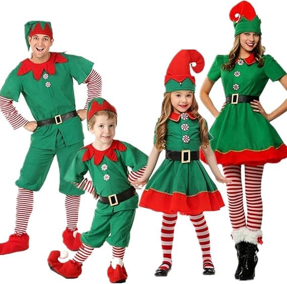 Elf Costume Women Christmas Elf Costumes Family Matching Green Fancy Dress Elfoutfits for Women Kids Men Adult Xmas Suit