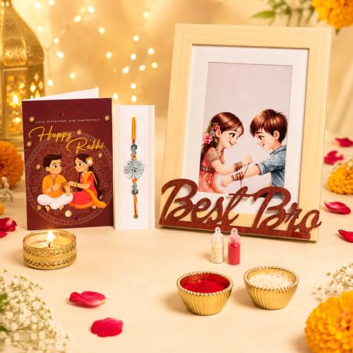 Image of Art Street Rakhi Gift Combo with Best Bro Wooden Photo Frame, Designer Rakhi, Greeting Card, Roli Chawal | Raksha Bandhan Gift Hamper for Brother | Personalized Gift Set