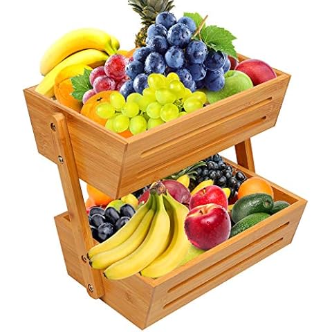 Widousy 2-Tier Fruit Basket, Fruit Stand for Kitchen Countertop, Vegetable Produce Bread Storage Holder Cover