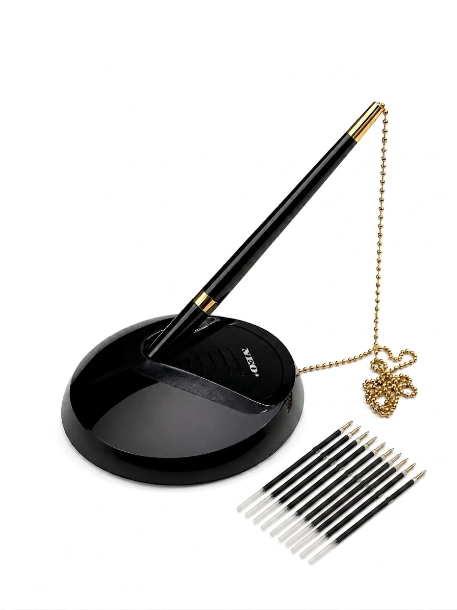 NEO+ Quality Reception Pen Desk Set On Chain With Stand - Black Counter Pen, 10 FREE REFILLS INCLUDED (Black/Gold)