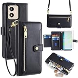 Asuwish Phone Case for Motorola Moto E13 4G Wallet Cover with Tempered Glass Screen Protector and Zipper Card Holder Slot Stand Cell Accessories Protective Flip Folio E 13 13E G4 2023 Women Men Black