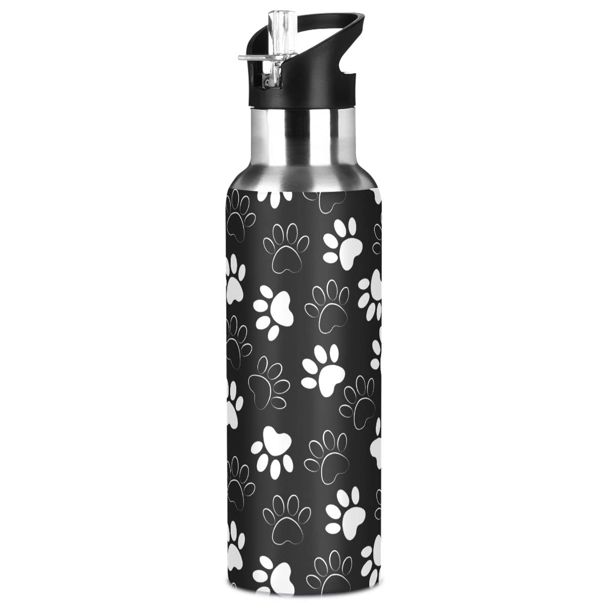 Edelstahl Wasserflasche mit Strohhalm, Pfotenabdruck isolierte Trinkflasche Sport Wasserflasche für Kinder Erwachsene, auslaufsicher, 1L