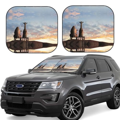 Parasole per parabrezza auto, con elefante e giraffa sulla cima della montagna, parasole pieghevole per auto, offre una protezione completa e mantiene al fresco gli interni dell'auto e SUV