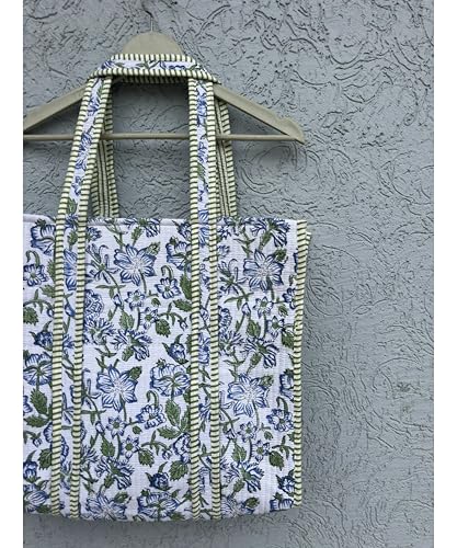 Image of Quilted Cotton Hand printed Reversible Large multicolor cotton Tote Bag,Indian Handmade Block Printed Tote Bag Women Handbag