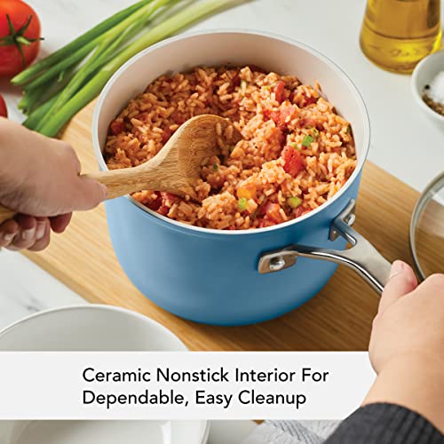 Image of KitchenAid Hard Anodized Ceramic Nonstick Cookware Sauce Pan with Lid, 3 Quart - Blue Velvet