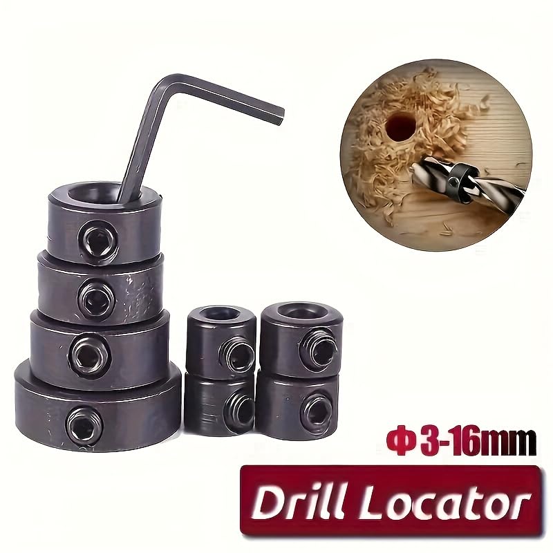 9PCS Drill Stop Collar Set 9-Piece Adjustable Depth 3-16mm with Hex Wrench for Precision Woodworking Drilling Home Workshop Use, Black