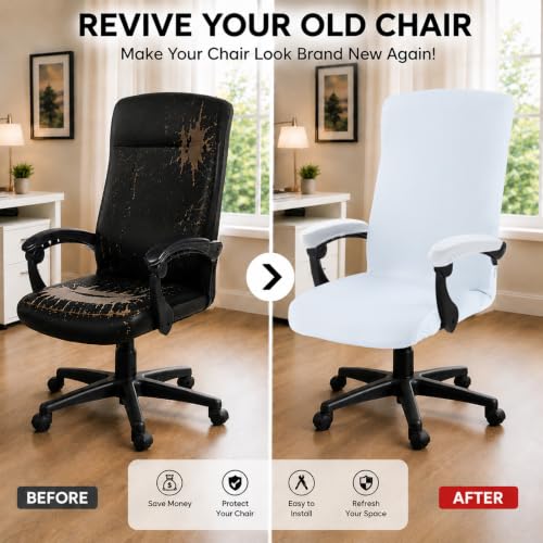 Image of Stretch Computer Office Chair Cover with Armrest Covers Durable Zipper Universal Washable Removable Spandex Rotating Boss Chair Slipcovers Anti-dust Soft Desk Chair Seat Protector, White