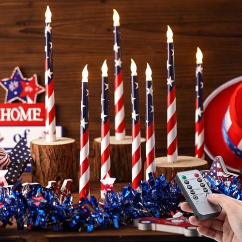 Image of Aurelema 8 Pcs Patriotic Candles Flameless Taper Candles with Remote & Timer 4th of July American Flag Flameless Candlesticks Flickering Real 3D Real Candle for Independence Day Decor (Classic)