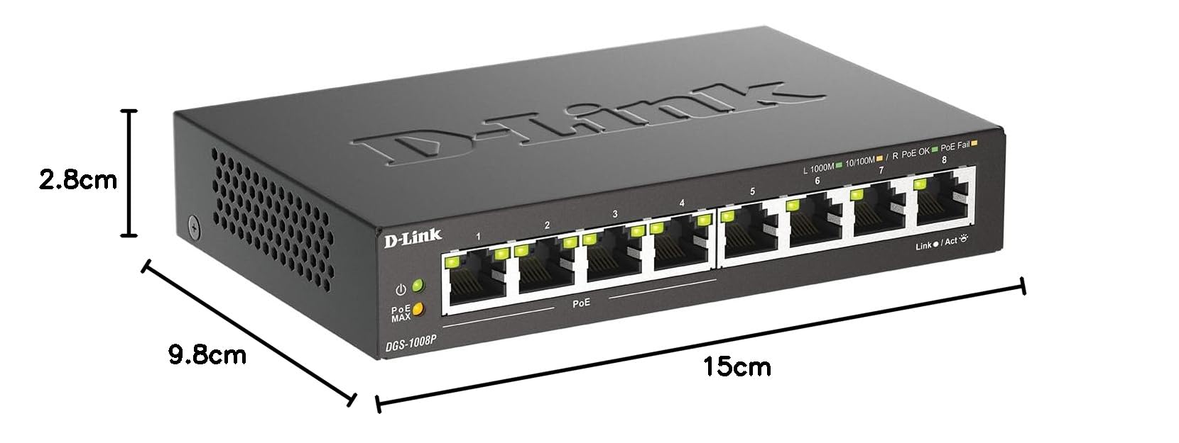 D-Link DGS-1008P 8-Port Gigabit Unmanaged Desktop PoE Switch, 80W Power Budget, Metall, Lüfterlos