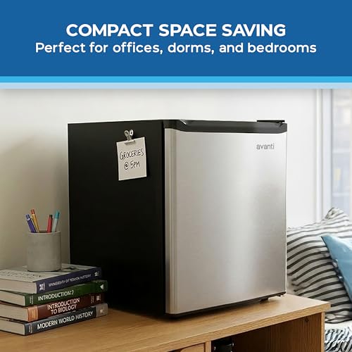 Image of Avanti Mini Fridge 1.6 Cu. Ft. Compact Refrigerator for Dorm, Office & Bedroom, Chiller Compartment, Glass Shelf, Reversible Door with Automatic Defrost, ENERGY STAR, Stainless Steel