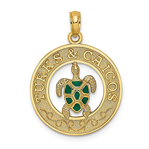 Solid 14k Yellow Gold TURKS and CAICOS On Round Frame Enamel Turtle Charm Souvenir Pendant - 24mm x 18mm