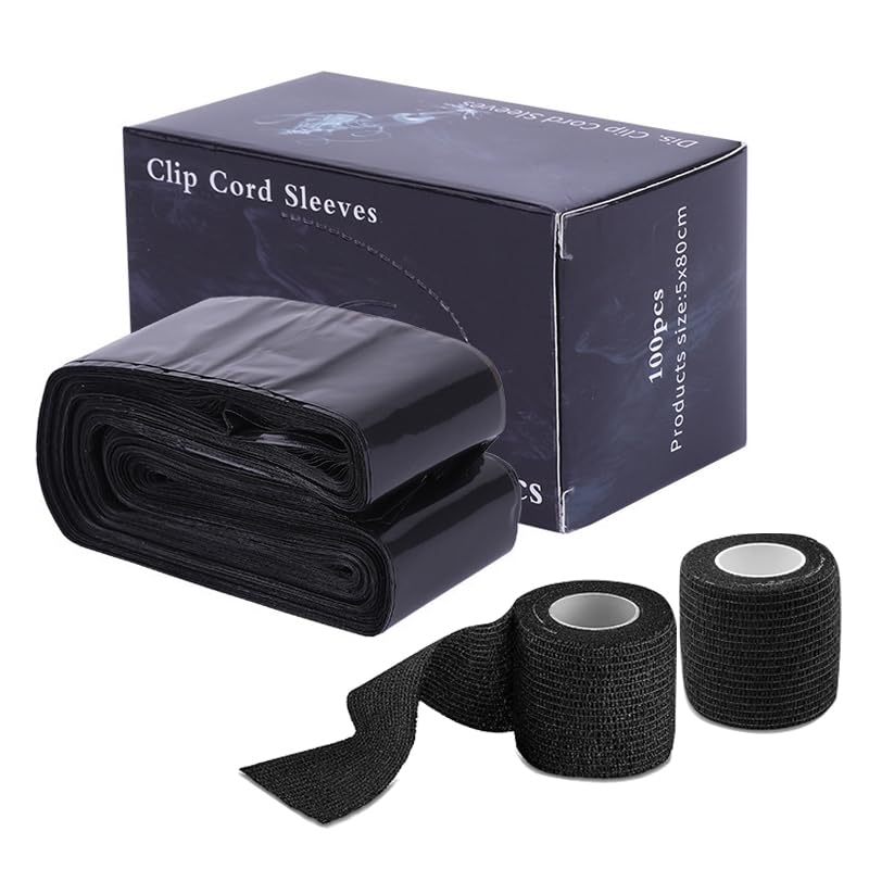 100Pcs Black Tattoo Clip Cord Sleeves Disposable, 2Pcs Black Grip Tape, Tattoo Machine Accessories Supplies