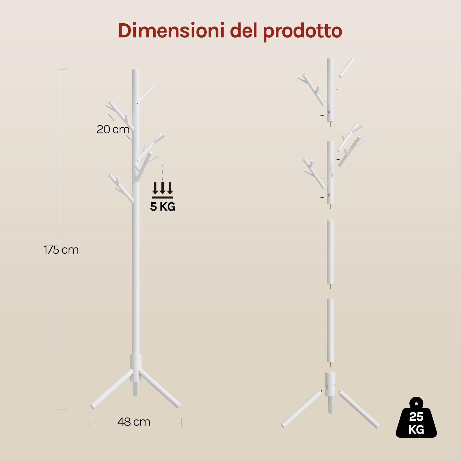 WOLTU Appendiabiti da Terra a Forma di Albero, Attaccapanni con 13 Ganci, Altezza Regolabile su 3 Livelli, in Legno, per Ingresso, Guardaroba, Camera da Letto e Ufficio, 48x42x175 cm, Bianco