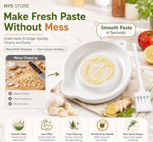 Image of Garlic Ginger Grinder Plate with Filter & Pour Spout | Manual Mini Grater Dish with Brush | Ceramic Grinding Bowl for Garlic, Ginger, Vegetables, Baby Food & Sauce Making