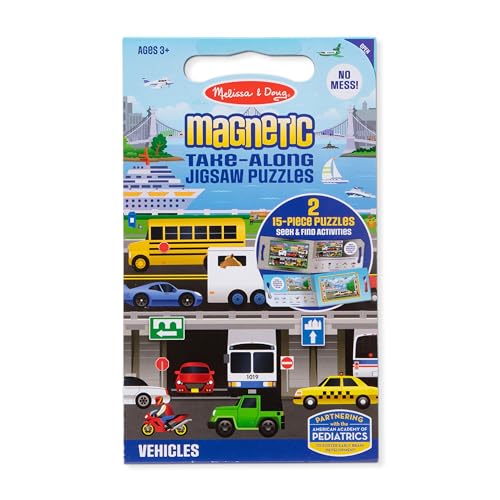 Image of Melissa & Doug Take-Along Magnetic Jigsaw Puzzle Set - Vehicles (2 x 15 Piece) Travel Activity Toy for Preschoolers and Kids Ages 3+