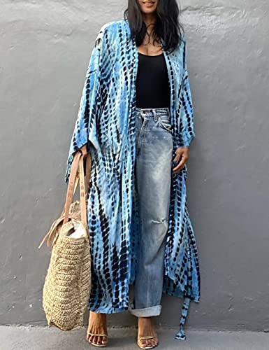 Image of Bsubseach Stylish Tie Dye Open Front Long Kimono Swimsuit Coverup for Women | Loose Fit Boho Style Bathing Suits Cardigans,Summer Causal Resort Wear