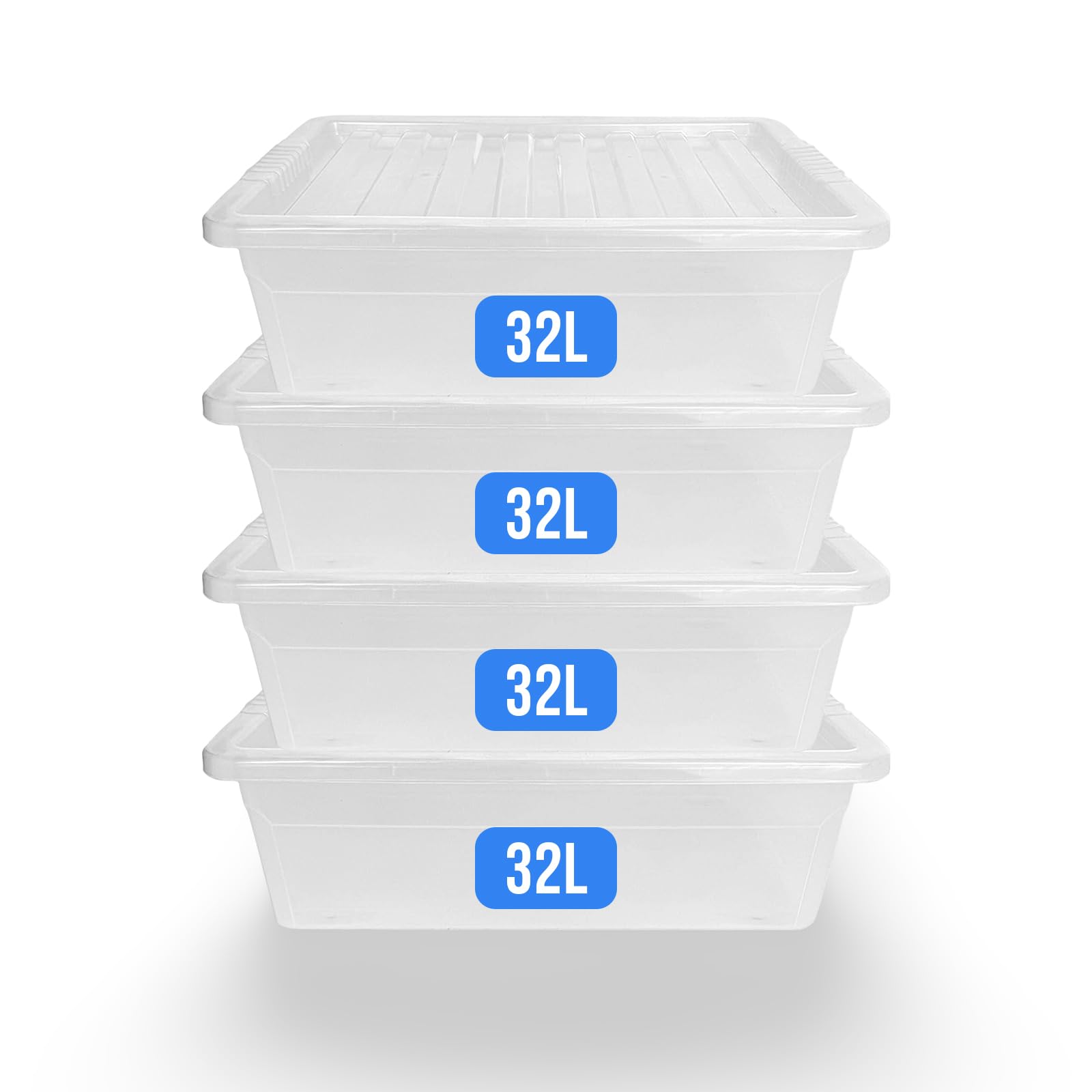 KAPCO Space-Saving Containers – 32L Underbed Organiser Boxes (Set of 4) | Flat Plastic Storage Box with Clear Lid, Dust-Proof Design for Duvets & Clothes | Clear Plastic Boxes, Stackable | 32 Litre