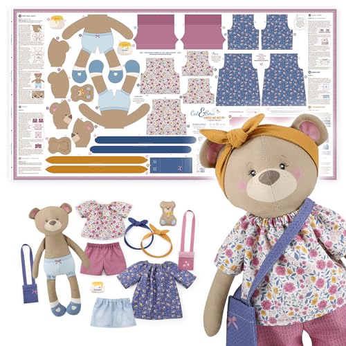 kullaloo Cut & Sew Fabric Panel – DIY Rag Doll Kit with Clothes - Betsy Bear Sewing Project for Teens & Beginners - Includes Pre-Printed Patterns & Video Instructions