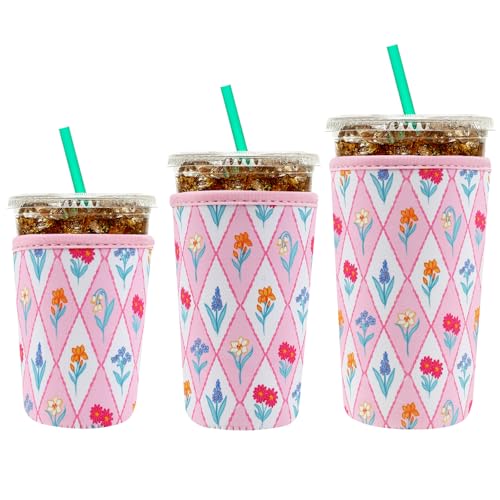 Image of YR Reusable Neoprene Insulator Sleeve for Iced Coffee Cups, 3 Pack Coffee Coolies sleeves for Iced & Hot Drinks, Cold Beverage Cooler Compatible with Starbucks Coffee and More (Diamond Flower)