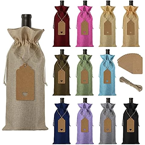 12 Pack Wine Bottle Gift Bags, Jute Burlap Wine Bags Drawstring Wine Bottle Covers with Tags & Rope for Christmas, Wedding, Travel, Birthday Party Cover