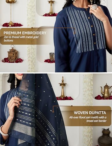 Image of Amazon Brand - Myx Women's Embroidered Kurta Pant Set with Dupatta (Available in Plus Sizes)