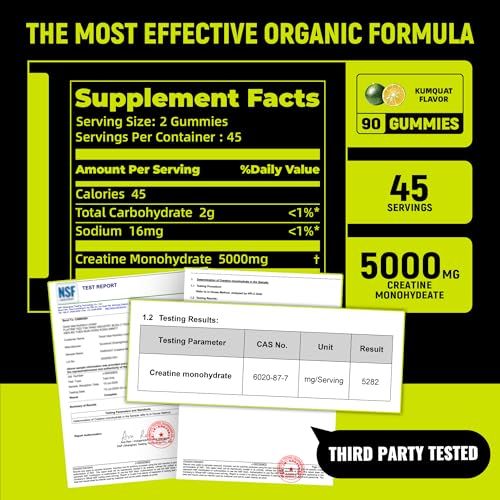 Image of NSF Certified Creatine Gummy - Creatine Monohydrate Gummies 5g for Men & Women - Boost Focus,Strength, and Endurance, Vegan, Gluten-Free, Non-GMO, 2.5 Gram Creatine per Gummy (Kumquat 90 ct)