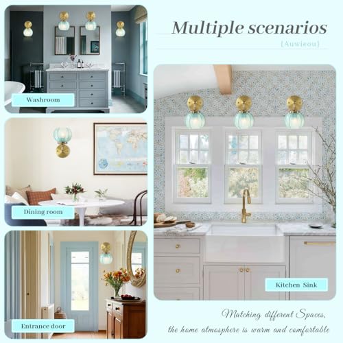 Image of Vintage Wall Sconce Gold Bathroom Vanity Light Hand Blown 1-Light Globe wall Sconce Indoor Wall Light with Blue Glass Shade Mid Century Modern Wall Lighting for Bedroom Hallway Living Room