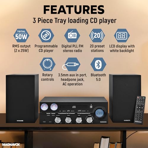 Magnavox MM451 3-Piece Tray Loading CD Shelf System with Digital PLL FM Stereo Radio, Bluetooth Wireless Technology, and Remote Control in Black | LCD Display | AUX Port Compatible | - Image 3