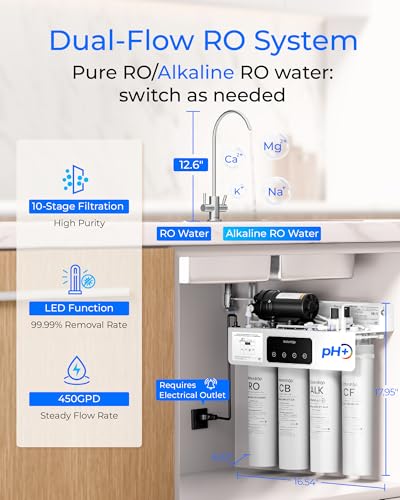 Image of Waterdrop T4-A Alkaline pH+ Reverse Osmosis Water Filter, Dual Flow, NSF /ANSI 372 Certified, 10-Stage, 450 GPD Tankless Undersink RO Filtration System, 2:1 Pure to Drain, BPA Free, Plug-in Required
