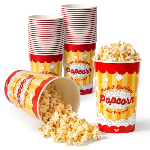 Image of Fit Meal Prep 25 Pack Classic Paper Popcorn Buckets Disposable, 64 Oz Grease Resistant Popcorn Bowls Cups for Machine Home Theater Carnival Movie Night