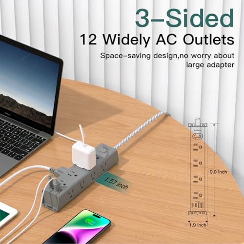 Image of Addtam Gray Power Strip Surge Protector with 12 AC Outlets & 4USB Ports, 15FT Extension Cord, Flat Plug,1050J Overload Protection, Wall Outlet Extender for Home Office Living Room Dorm, ETL Listed