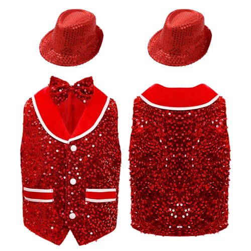 Jhaoyu Unisex Recital Bundle Sequin-Embellished Velvet Vest with Bowtie Hat Irregular Hem Waistcoat for Dance Parties3