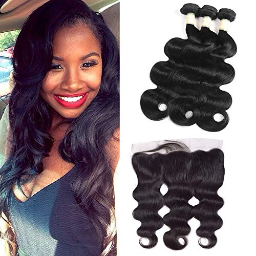 3 Bundles with Frontal Body Wave 14 14 14 with 12 Frontal 10A Brazilian Virgin Real Human Hair Bundles with Closure 13x4 Lace Front Wig Natural Color