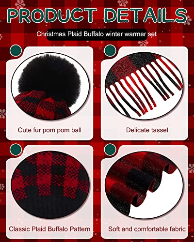6 Pcs Buffalo Plaid Winter Warm Sets for Kids 2 Pcs Knitted Pom Beanie Hat 2 Pairs Knitted Plaid Gloves 2 Scarf for Boys and Girls Winter Christmas, Red, Black, White3
