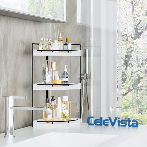 Image of Corner Bathroom Counter Organizer, 3 Tier Bathroom Sink Shelf Countertop, Wood Vanity Skincare Storage for Toiletries Decor, Makeup, Dresser (White)