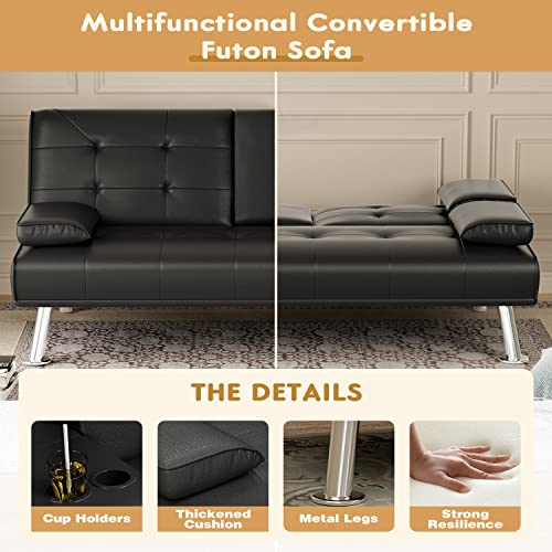 Yeshomy Futon Sofa Bed Modern Faux Leather Convertible Folding Lounge Couch For Living Room With 2 Cup Holders, Removable Soft Armrest And Sturdy Metal Leg, Black #TOP4