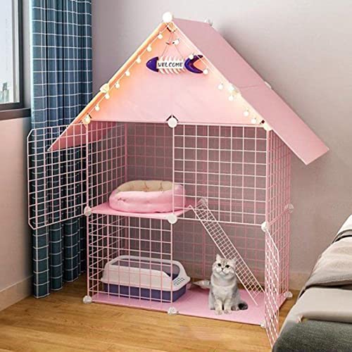 2段式キャットケージ 屋内用、ワイヤーキャットケージ、ポータブルキャットケージ、折りたたみ式ペットケージ、1匹の猫用ペットケージ、ピンク