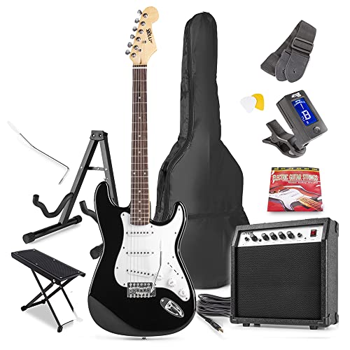 Max Gigkit Black Electric Guitar Starter Pack - Complete Beginner Electric Guitars Kit with Amplifier, Footstand, Guitar Stand & 6 Months Lessons for Aspiring Musicians